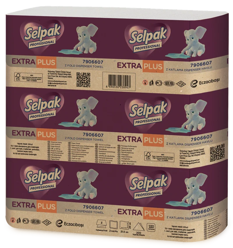 SELPAK Z KATLI EXTRA DİSPENSER HAVLU PLUS 21,5x24 Cm.200 LÜ 5,2 KG (KOLİ=200 LÜ x 12 PK) FSC BELGELİ