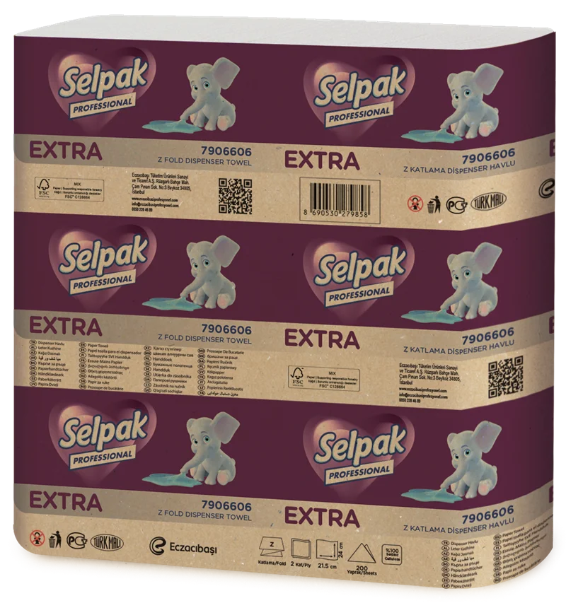 SELPAK Z KATLI EXTRA DİSPENSER HAVLU 21,5x24 Cm. 200 LÜ 4,46 KG (KOLİ=200 LÜ x 12 PK) FSC BELGELİ 79