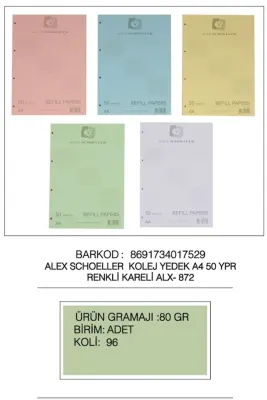 ALEX BLOKNOT YEDEK A4 RENKLİ KARELİ 50 Lİ ALX-872