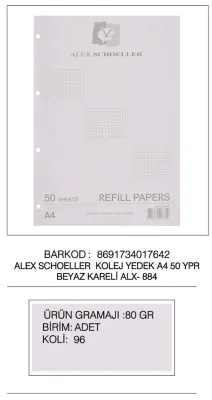 ALEX BLOKNOT YEDEK A4 BEYAZ KAR. 50 Lİ ALX-884