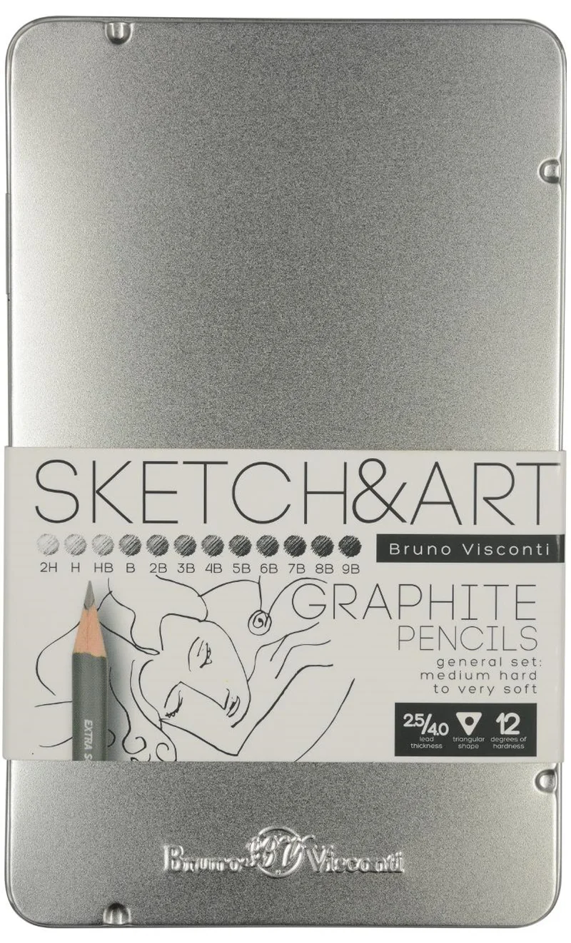 BRUNO VISCONTI KURŞUN KALEM DERECELİ KALEM SETİ SKETCH &amp; ART METAL KUTU 12 Lİ (2H-9B) 21-0009