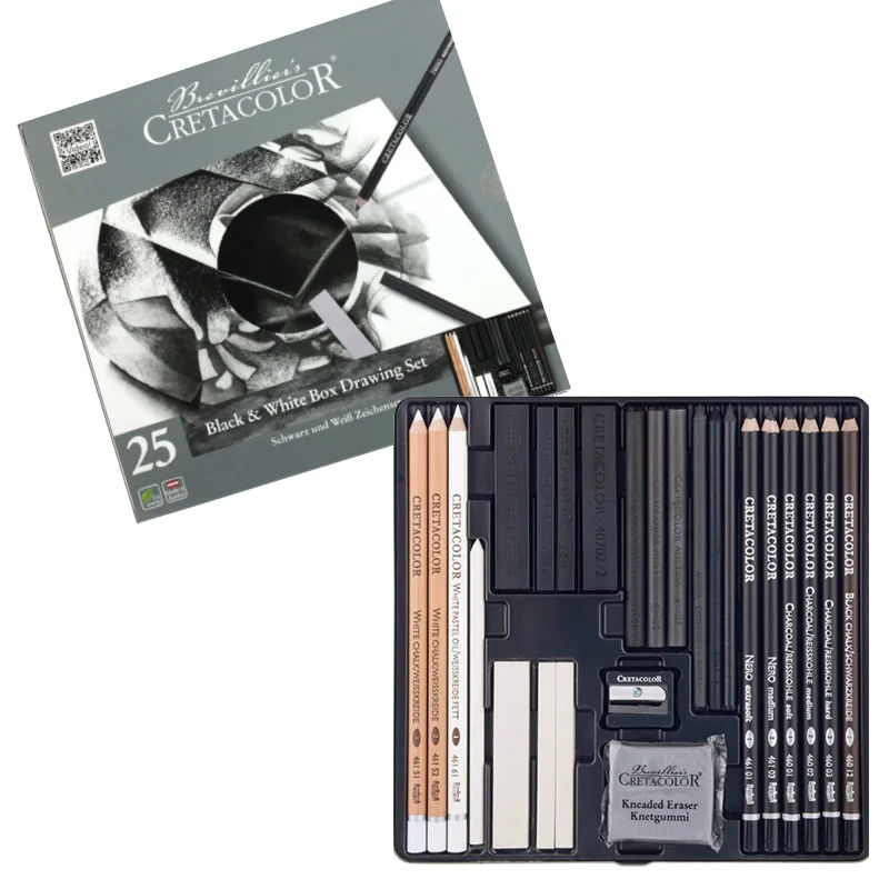 CRETACOLOR BLACK &amp; WHİTE DRAWİNG SET PREMİUM ÇİZİM SETİ METAL KUTU 25 PARÇA 40026
