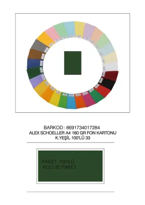ALEX FON KARTONU 160GR A4 K.YEŞİL 100 LÜ 33
