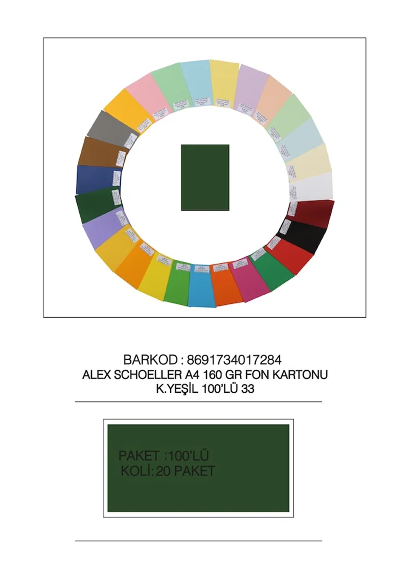ALEX FON KARTONU 160GR A4 K.YEŞİL 100 LÜ 33