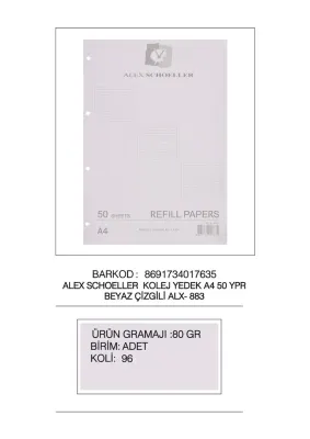 ALEX BLOKNOT YEDEK A4 BEYAZ ÇİZGİLİ  50 Lİ ALX-883