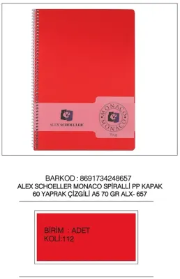ALEX DEFTER A5 PP KAPAK SPİRALLİ 60YP ÇİZGİLİ ALX-657