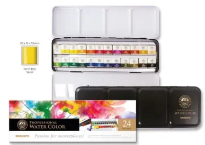 MUNGYO SULU BOYA AQUAREL YARIM TABLET 24 LÜ METAL KUTU MWPH-24