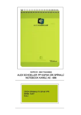 ALEX DEFTER A5 PP KAPAK SPİRALLİ DİK 80 YP. KARELİ ALX-688