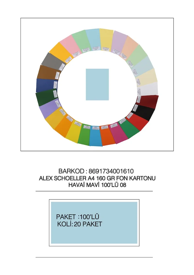 ALEX FON KARTONU 160GR A4 HAVAİ MAVİ 100 LÜ 08