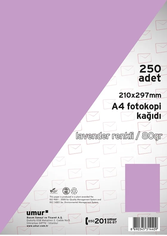 UMUR RENKLİ FOTOKOPİ KAĞIDI A4 80 GR 250 Lİ LAVENDER (185) 30009262-50002415