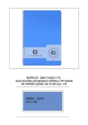 ALEX DEFTER A5 PP KAPAK SPİRALLİ 80YP ÇİZGİLİ ALX-175