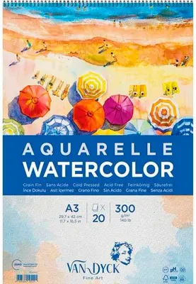 VAN DYCK SULU BOYA BLOĞU AQUARELLE WATERCOLOR SPİRALLİ A3 300 GR 20 YP VD10012