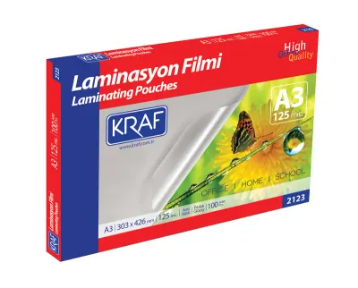 KRAF LAMİNASYON FİLMİ PARLAK A3 125 Mic. 100 LÜ 2123