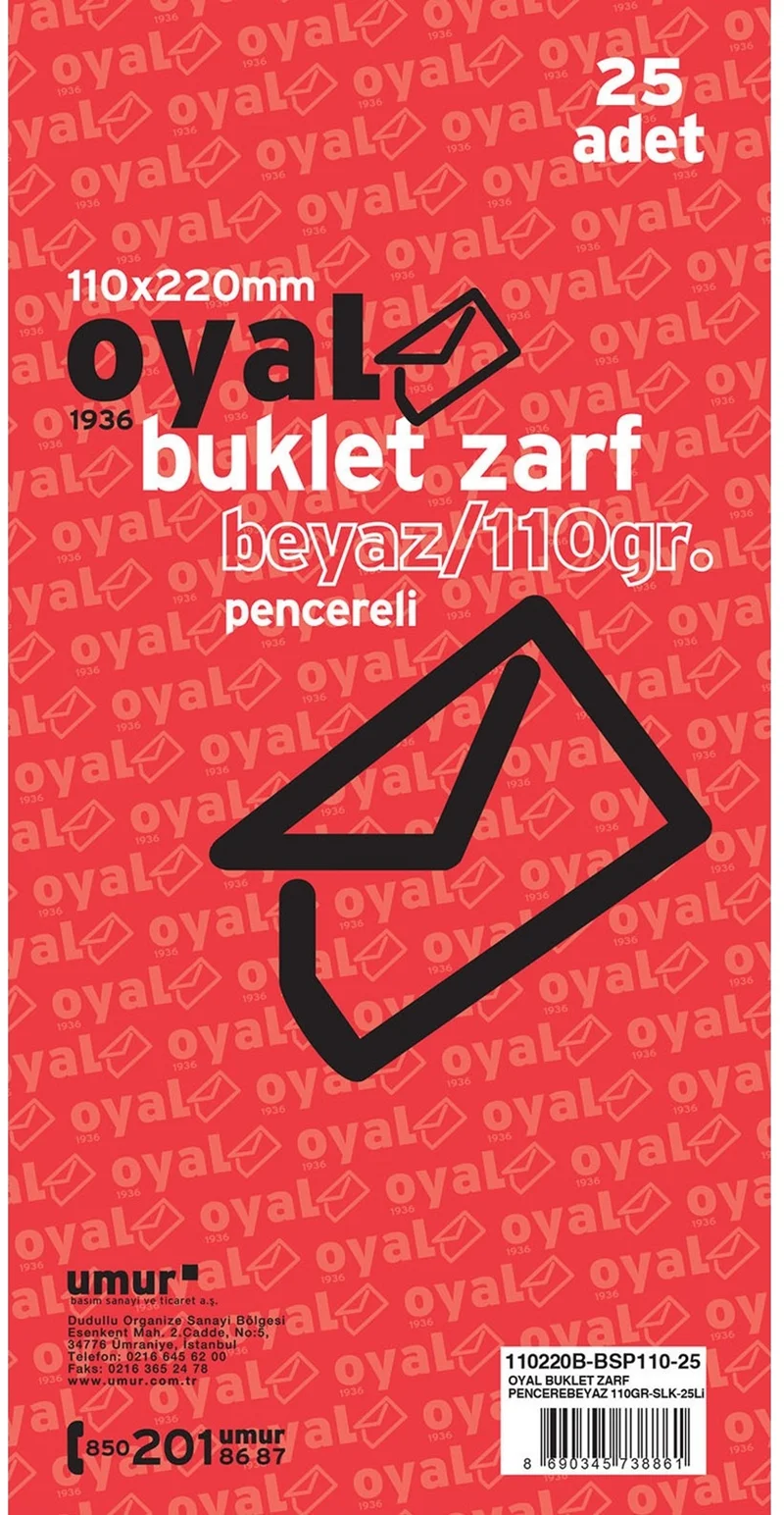 OYAL ZARF BUKLET 11x22 110 GR POŞETLİ BEYAZ PENCERELİ 25 Lİ 30005915