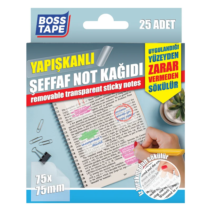 BOSS TAPE YAPIŞKANLI NOT KAĞIDI ŞEFFAF 75x75 MM 25 ADET BT-05004