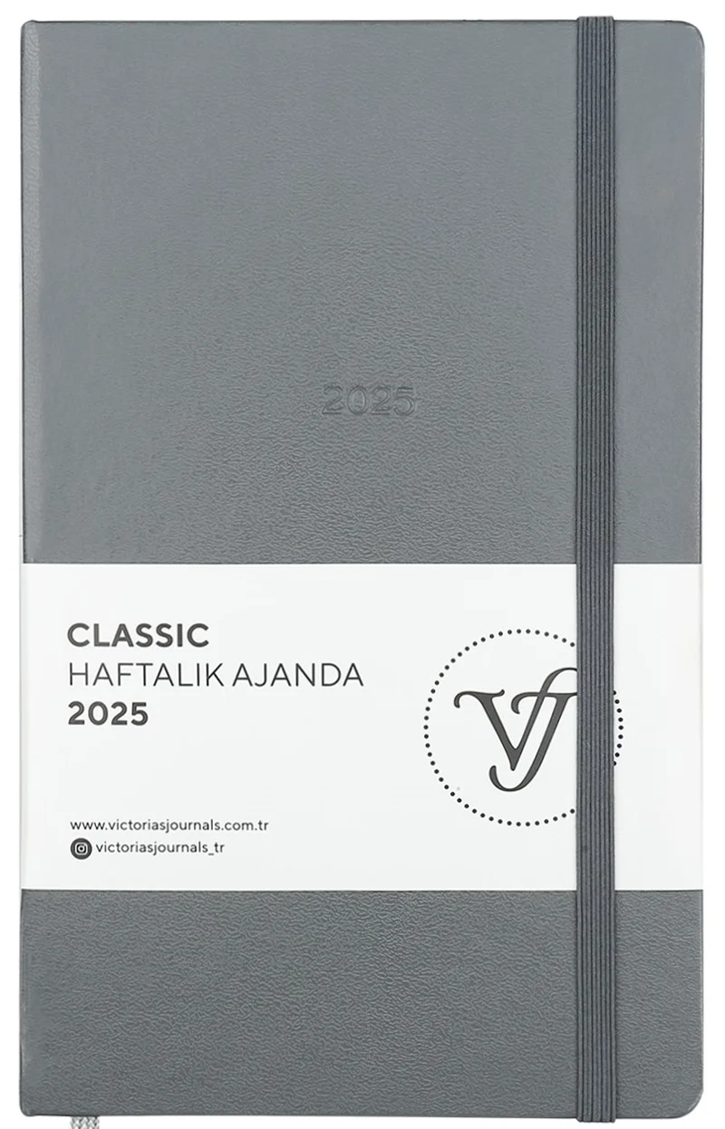 VJ AJANDA 2025 HAFTALIK 13x21 CLASSIC SERT KAPAK IVORY 100 GR LASTİKLİ GRİ 144 SF. 124-1416