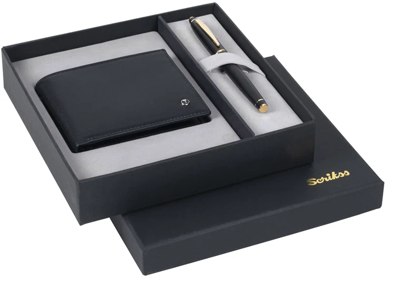 SCRIKSS HEDİYELİK SET DR 240 35 ROLLER KALEM MAT SİYAH + CÜZDAN DERİ SİYAH