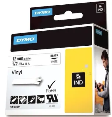 DYMO ŞERİT RHİNOPRO VİNİL 12MM x 5.5MT BEYAZ/SİYAH 18444