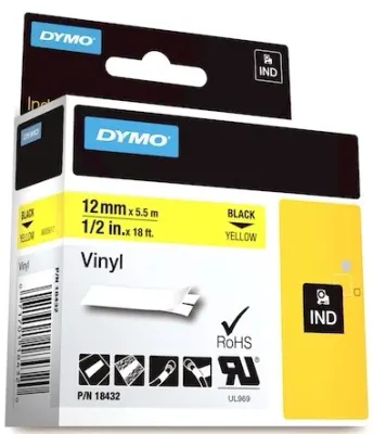 DYMO ŞERİT RHİNOPRO VİNİL 12MM x 5.5MT SARI/SİYAH 18432
