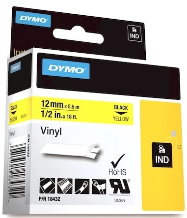 DYMO ŞERİT RHİNOPRO VİNİL 12MM x 5.5MT SARI/SİYAH 18432
