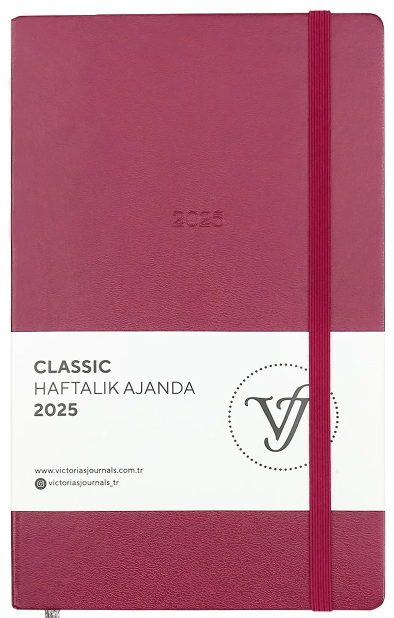VJ AJANDA 2025 HAFTALIK 13x21 CLASSIC SERT KAPAK IVORY 100 GR LASTİKLİ KIRMIZI 144 SF. 124-1411