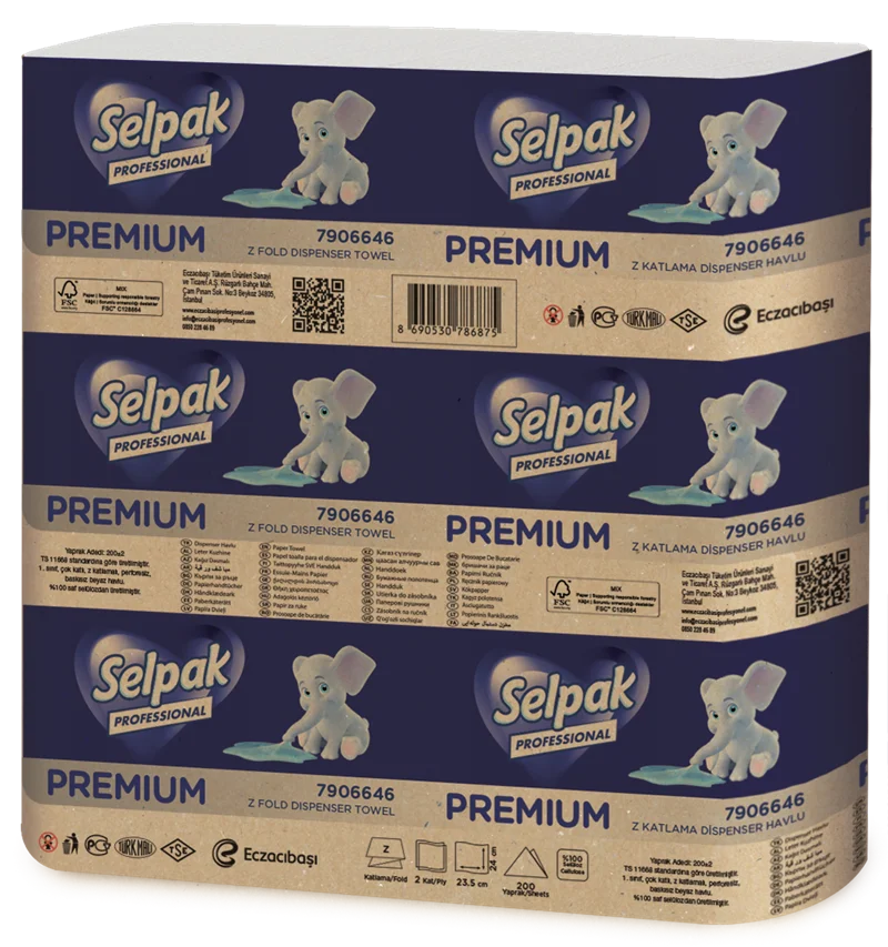 SELPAK Z KATLI PREMIUM DİSPENSER HAVLU 23,5x24 Cm. 200 LÜ 10,38 KG (KOLİ=200 LÜ x20 PK) FSC BELEGELİ