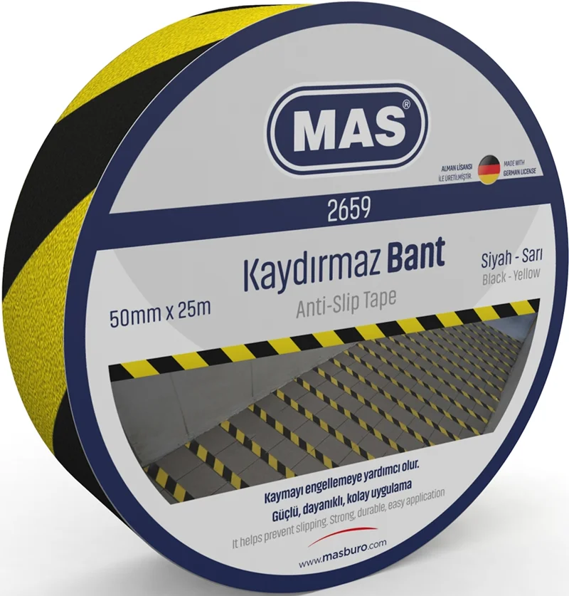 MAS KAYDIRMAZ BANT 50 MM x 25 M SARI &amp; SİYAH 2659