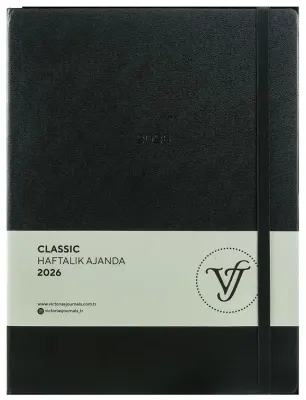 VJ AJANDA 2026 CLASSİC HAFTALIK A4 19X25CM SERT KAPAK IVORY 100 GR.144 SAYFA CEPLİ LASTİKLİ SİYAH 22