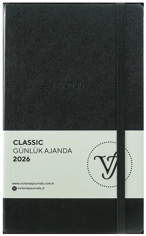 VJ AJANDA 2026 CLASSİC GÜNLÜK 13X21 CM SERT KAPAK IVORY 70 GR 384 SAYFA CEPLİ LASTİKLİ SİYAH 226-237