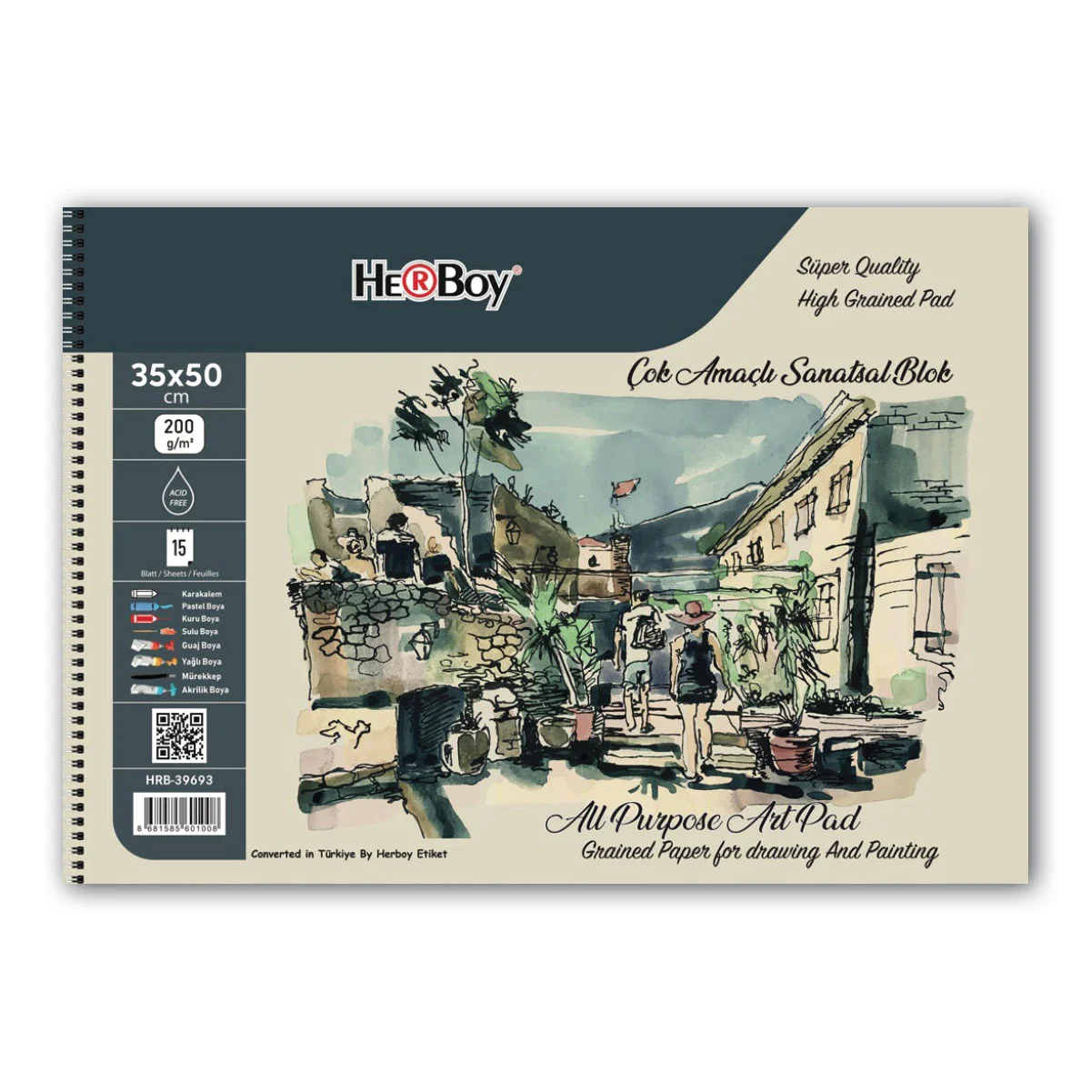HERBOY ÇOK AMAÇLI SPİRALL RESİM DEFTERİ 35X50CM 200G 15'Lİ HRB-39693