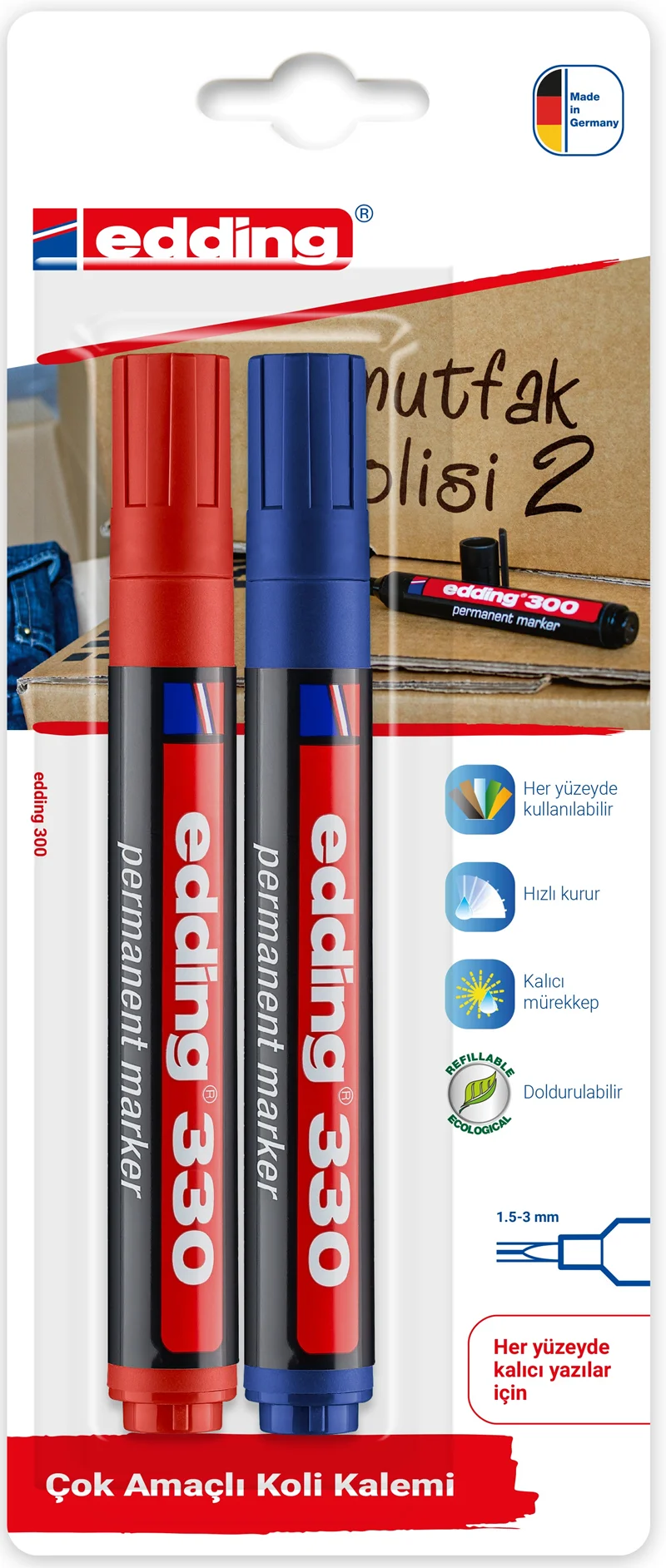 EDDING PERMANENT MARKÖR E-330 2 Lİ BLS. MAVİ & KIRMIZI