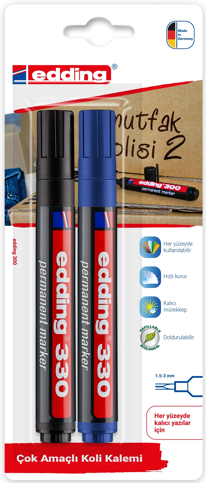 EDDING PERMANENT MARKÖR E-330 2 Lİ BLS. SİYAH &amp; MAVİ