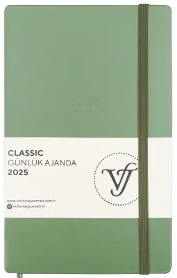 PASİF VJ AJANDA 2025 GÜNLÜK 13x21 CLASSIC SERT KAPAK IVORY 70 GR LASTİKLİ ZEYTİN YEŞİLİ 384 SF. 124-
