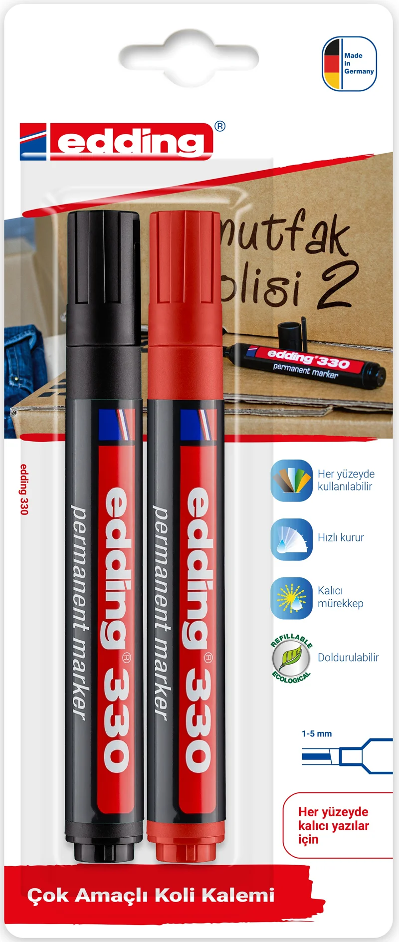 EDDING PERMANENT MARKÖR E-330 2 Lİ BLS. SİYAH & KIRMIZI