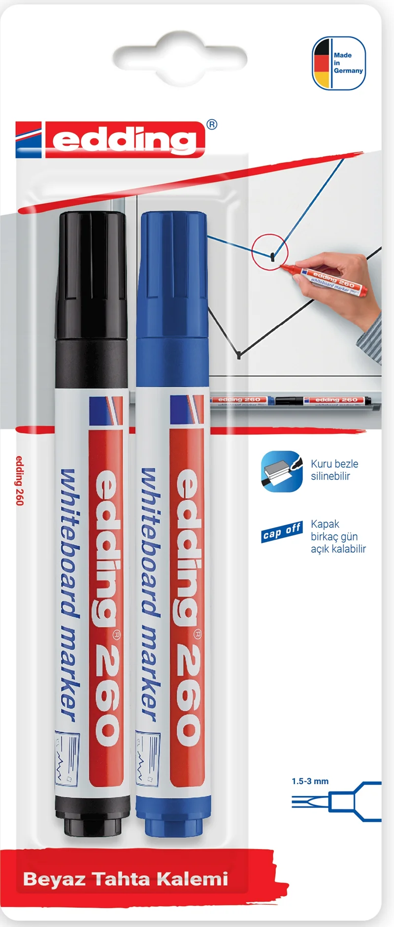 EDDING BEYAZ TAHTA KALEMİ E-260 2 Lİ BLS. SİYAH & MAVİ