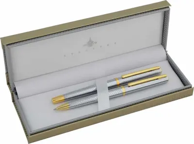 STEELPEN DOLMA KALEM+TÜKENMEZ KALEM SET SLIM SERİSİ KROM GOLD 8131