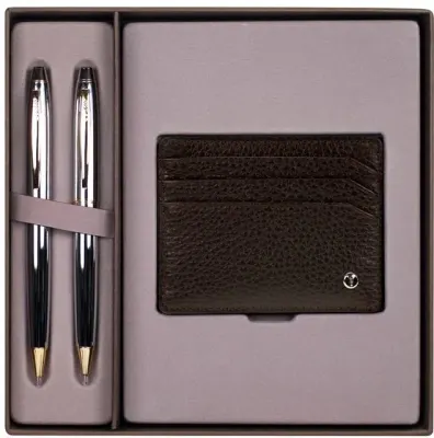 SCRIKSS HEDİYELİK SET DR 213 35 TÜKENMEZ KALEM + VERSATİL KALEM GOLD KROM + K.KARTLIK COMFORT KAHVE