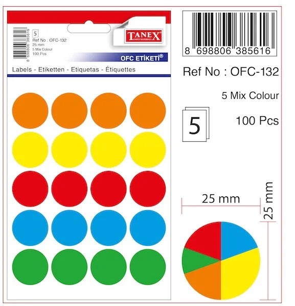 TANEX OFİS ETİKETİ OFC-132 MIX COLOR 5 AD/PŞT