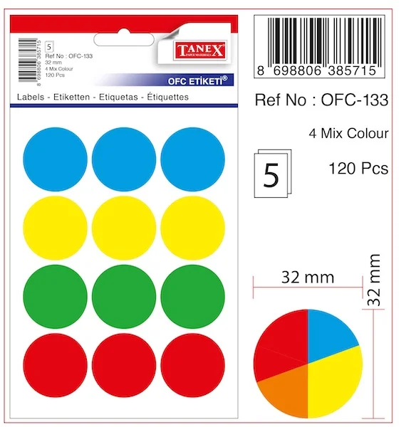TANEX OFİS ETİKETİ OFC-133 MIX COLOR 5 AD/PŞT