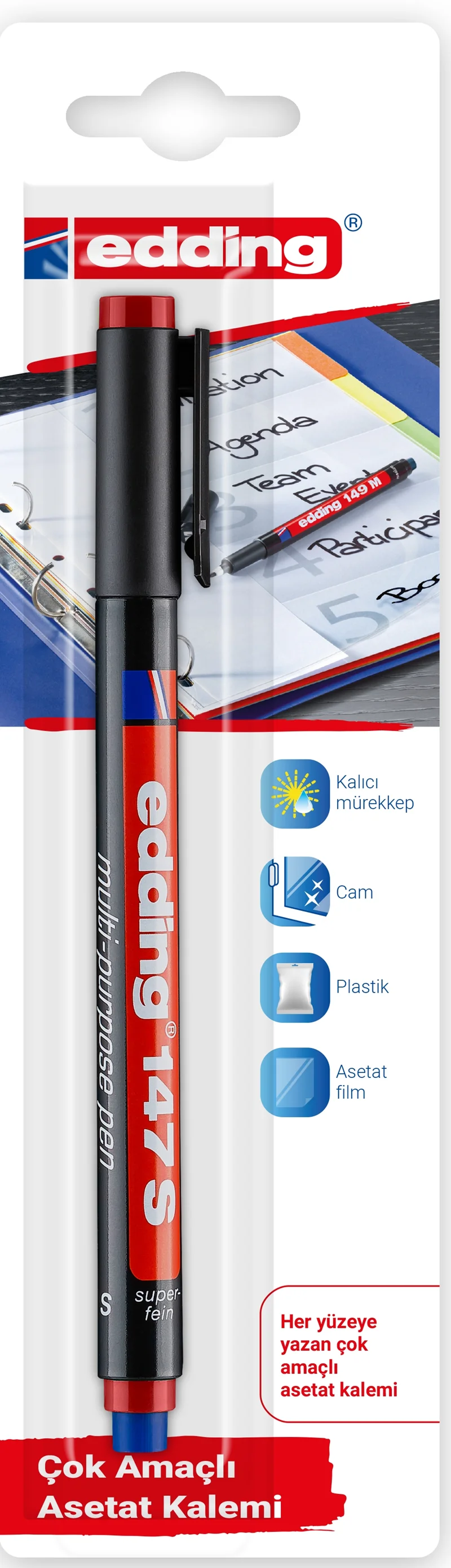 EDDING ASETAT KALEMİ SİLGİLİ E-147S TEKLİ BLS. KIRMIZI