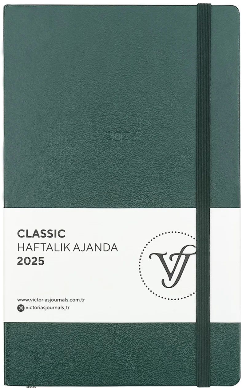 VJ AJANDA 2025 HAFTALIK 13x21 CLASSIC SERT KAPAK IVORY 100 GR LASTİKLİ YEŞİL 144 SF. 124-1412