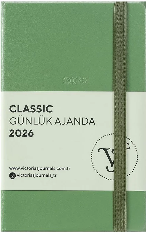 VJ AJANDA 2026 CLASSİC GÜNLÜK 9X14 CM SERT KAPAK IVORY 70 GR 384 SAYFA CEPLİ LASTİKLİ OLİVE 226-2426