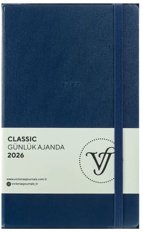 VJ AJANDA 2026 CLASSİC GÜNLÜK 13X21 CM SERT KAPAK IVORY 70 GR 384 SAYFA CEPLİ LASTİKLİ MAVİ 226-2379