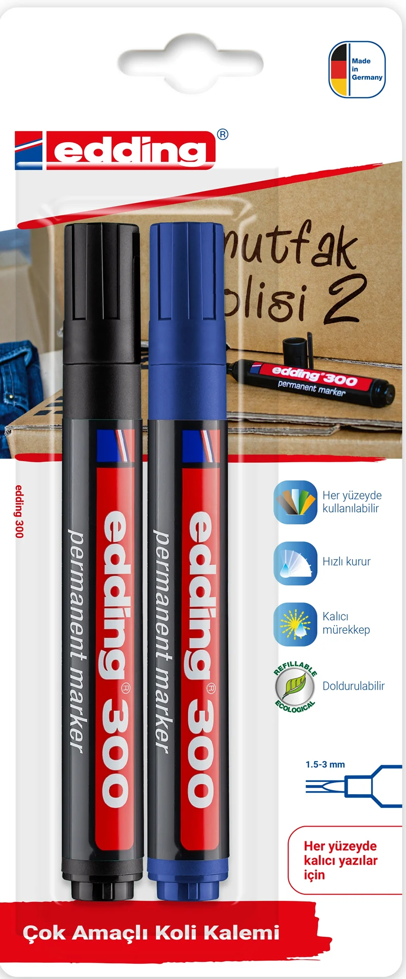 EDDING PERMANENT MARKÖR E-330 2 Lİ BLS. SİYAH & MAVİ