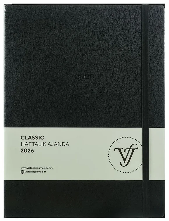 VJ AJANDA 2026 CLASSİC HAFTALIK A4 19X25CM SERT KAPAK IVORY 100 GR.144 SAYFA CEPLİ LASTİKLİ SİYAH 22