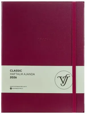VJ AJANDA 2026 CLASSİC HAFTALIK A4 19X25CM SERT KAPAK IVORY 100 GR.144 SAYFA CEPLİ LASTİKLİ KIRMIZI