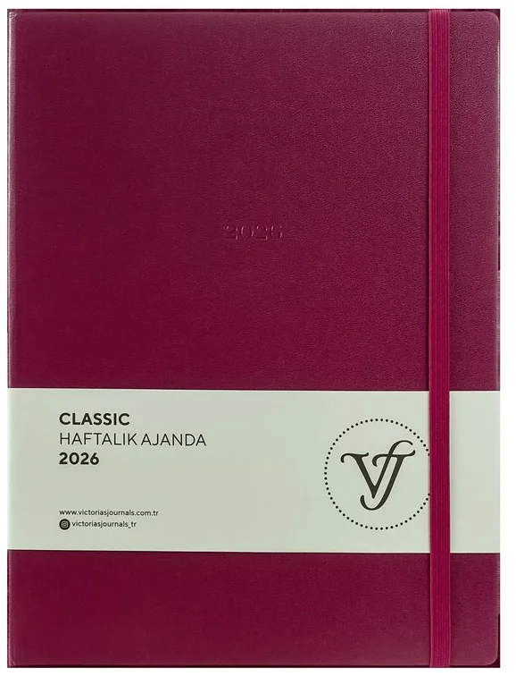 VJ AJANDA 2026 CLASSİC HAFTALIK A4 19X25CM SERT KAPAK IVORY 100 GR.144 SAYFA CEPLİ LASTİKLİ KIRMIZI