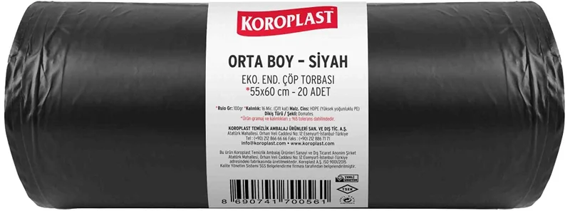 KOROPLAST ÇÖP TORBASI EKO END.SİYAH ORTA 55x60 80 GR 20 Lİ 13 MİC. ST01500328