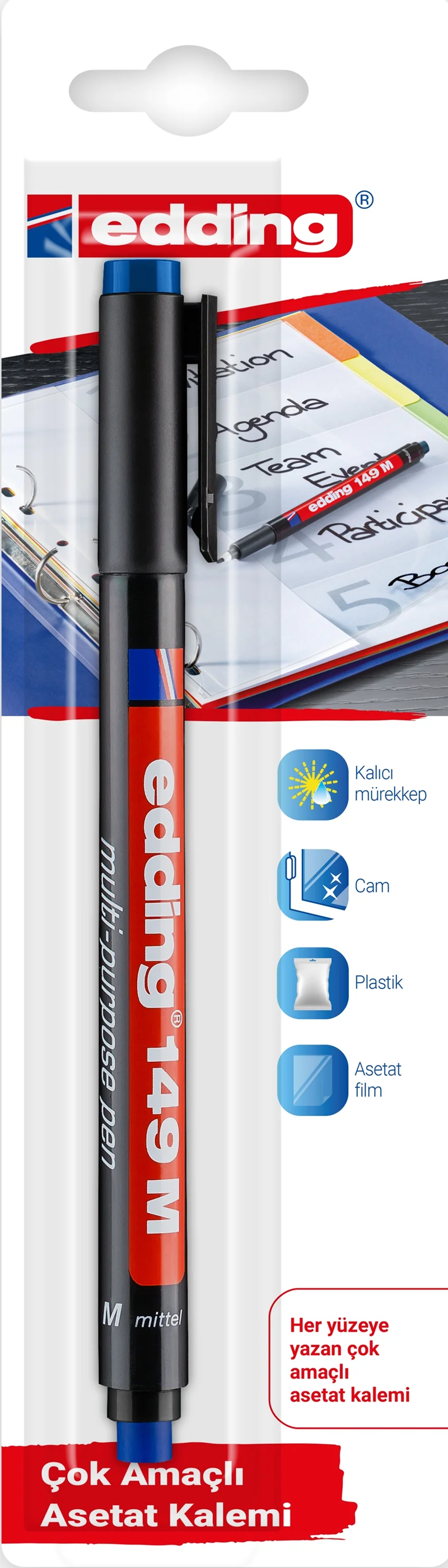 EDDING ASETAT KALEMİ SİLGİLİ E-149M TEKLI BLS. MAVİ