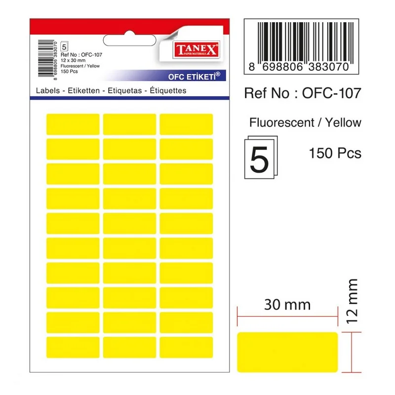 TANEX OFC-107 SARI 12x30 mm OFİS ETİKETİ